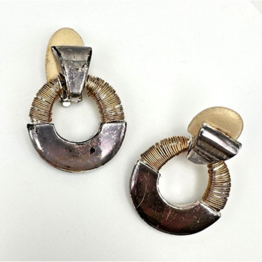 Vintage 80s Two Tone Door Knocker Clip On Earrings Wire Wrapped Women's Jewelry